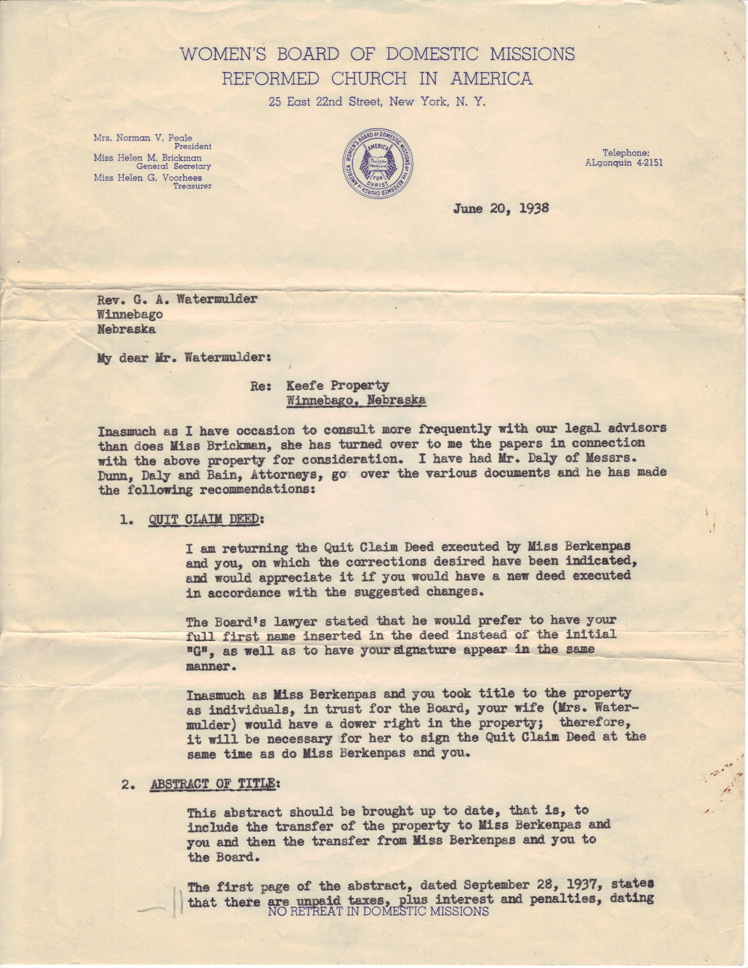 June 20, 1938: Transfer of Keefe property (1)
